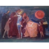 LONGARETTI, Senza titolo (Maternità con personaggi), anni 70, olio su cartone telato, 51.5 x 73.5 cm
